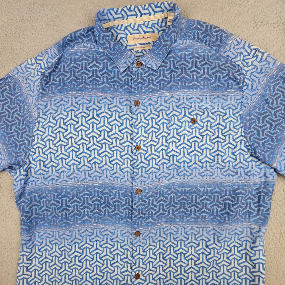 Tommy Bahama Shirt Mens XXL Blue Geometric Silk Original Fit Short Sleeve Button
